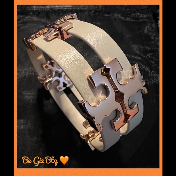 🆕Tory Burch Authentic Serif T Stacked Leather Sand Rose Gold Wrap Bracelet - Picture 5 of 11